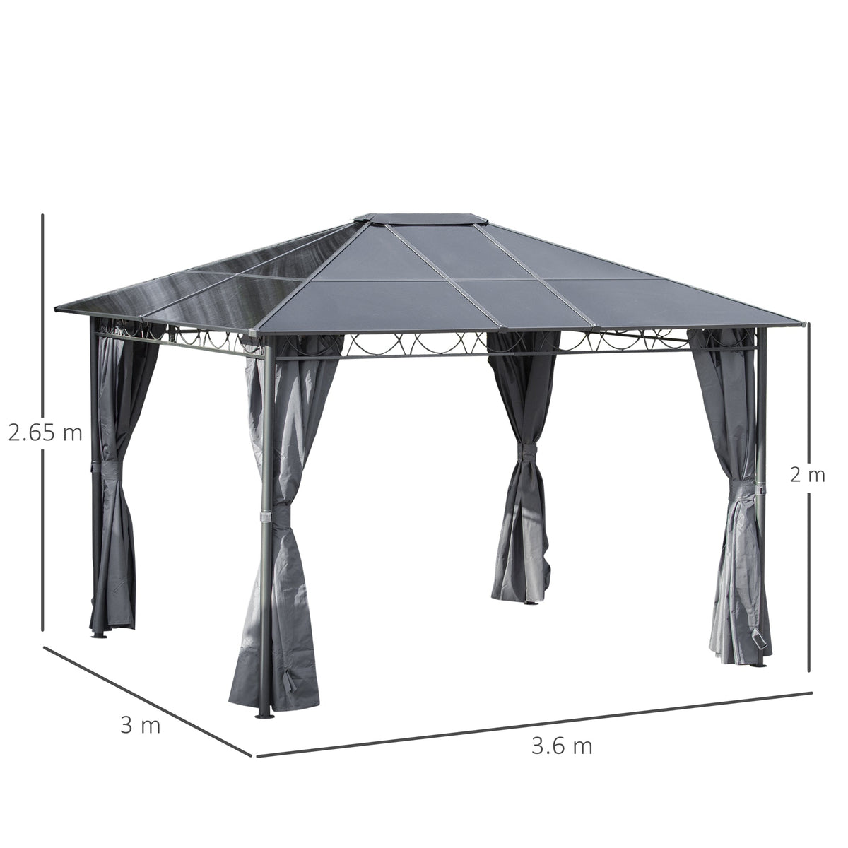 3 x 3.6m Hardtop Gazebo with Polycarbonate Roof & Curtains, Grey — product view 5