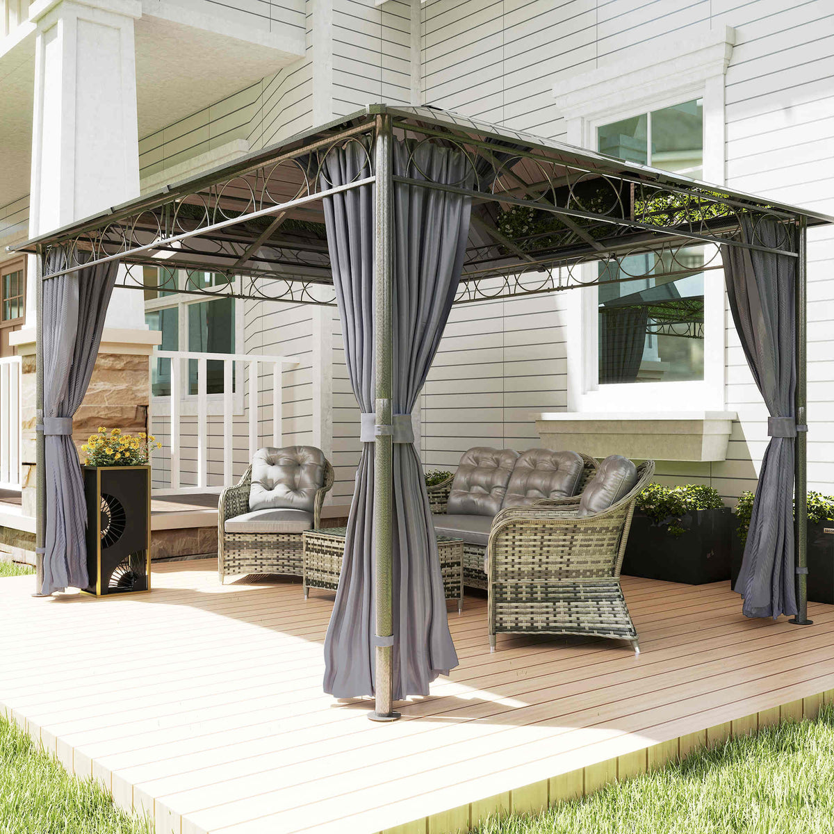 3 x 3.6m Hardtop Gazebo with Polycarbonate Roof & Curtains, Grey — product view 3