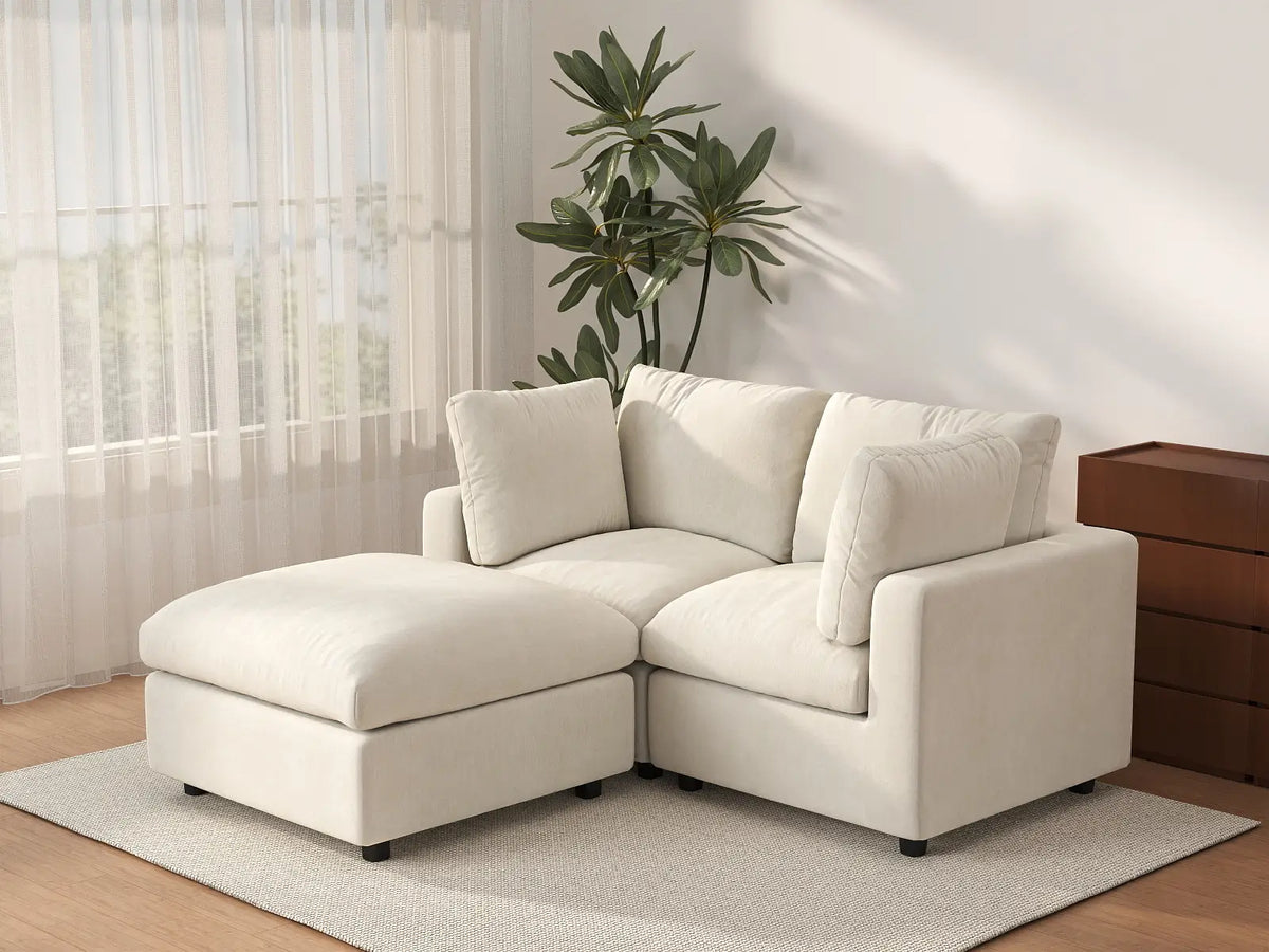 Deluxe Cloud 2-Seater Beige Small Space Chaise Sectional | 3-Piece (Includes 1 Ottoman), Linen-Blend Chenille Fabric, Easy To Clean — product view 2