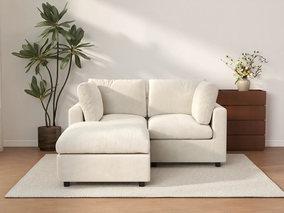 Deluxe Cloud 2-Seater Beige Small Space Chaise Sectional | 3-Piece (Includes 1 Ottoman), Linen-Blend Chenille Fabric, Easy To Clean — product view 1