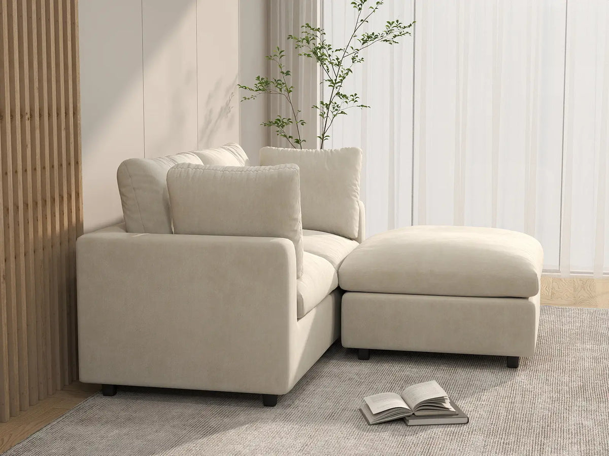 Deluxe Cloud 2-Seater Beige Small Space Chaise Sectional | 3-Piece (Includes 1 Ottoman), Linen-Blend Chenille Fabric, Easy To Clean — product view 4