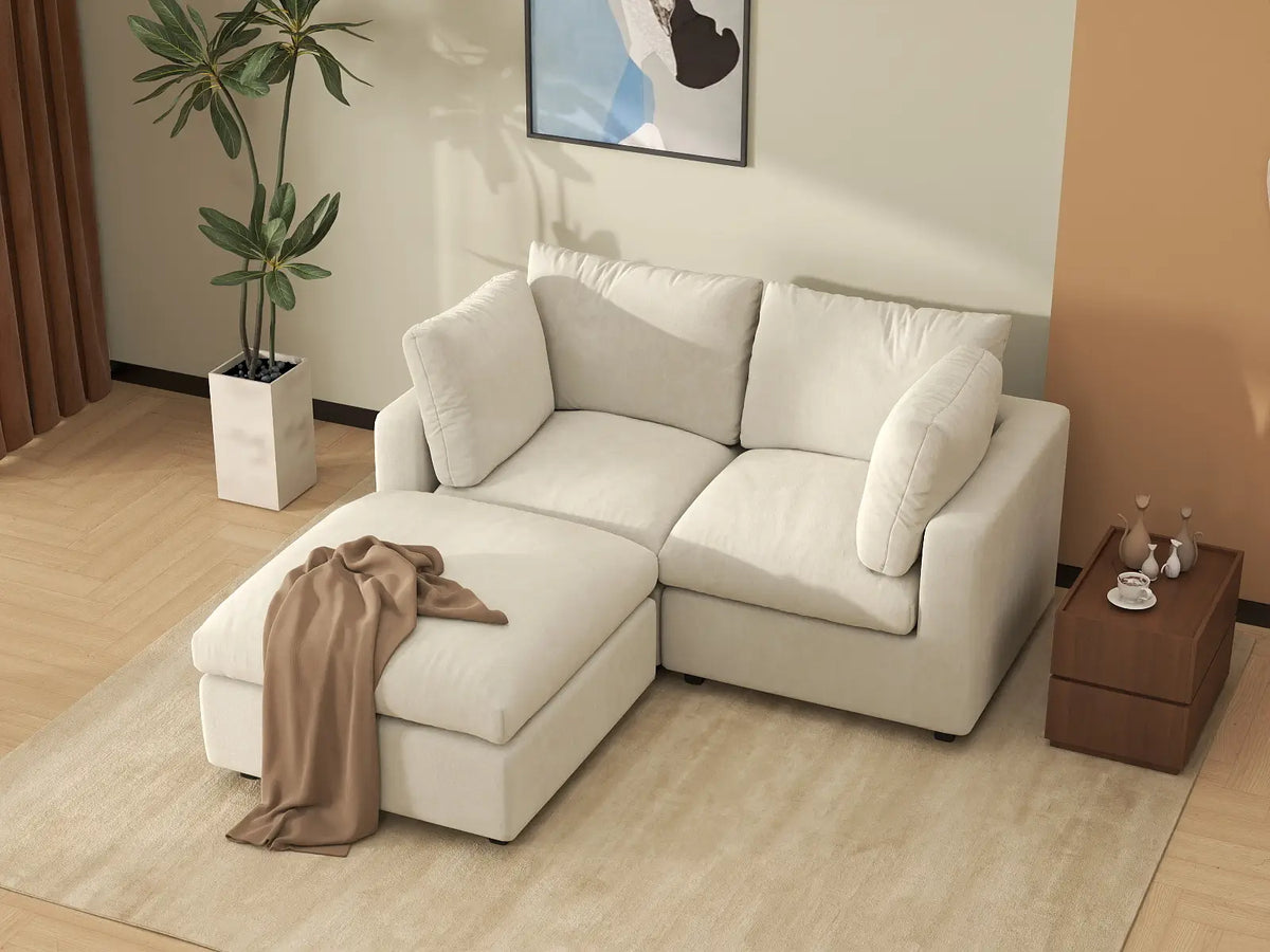 Deluxe Cloud 2-Seater Beige Small Space Chaise Sectional | 3-Piece (Includes 1 Ottoman), Linen-Blend Chenille Fabric, Easy To Clean — product view 3