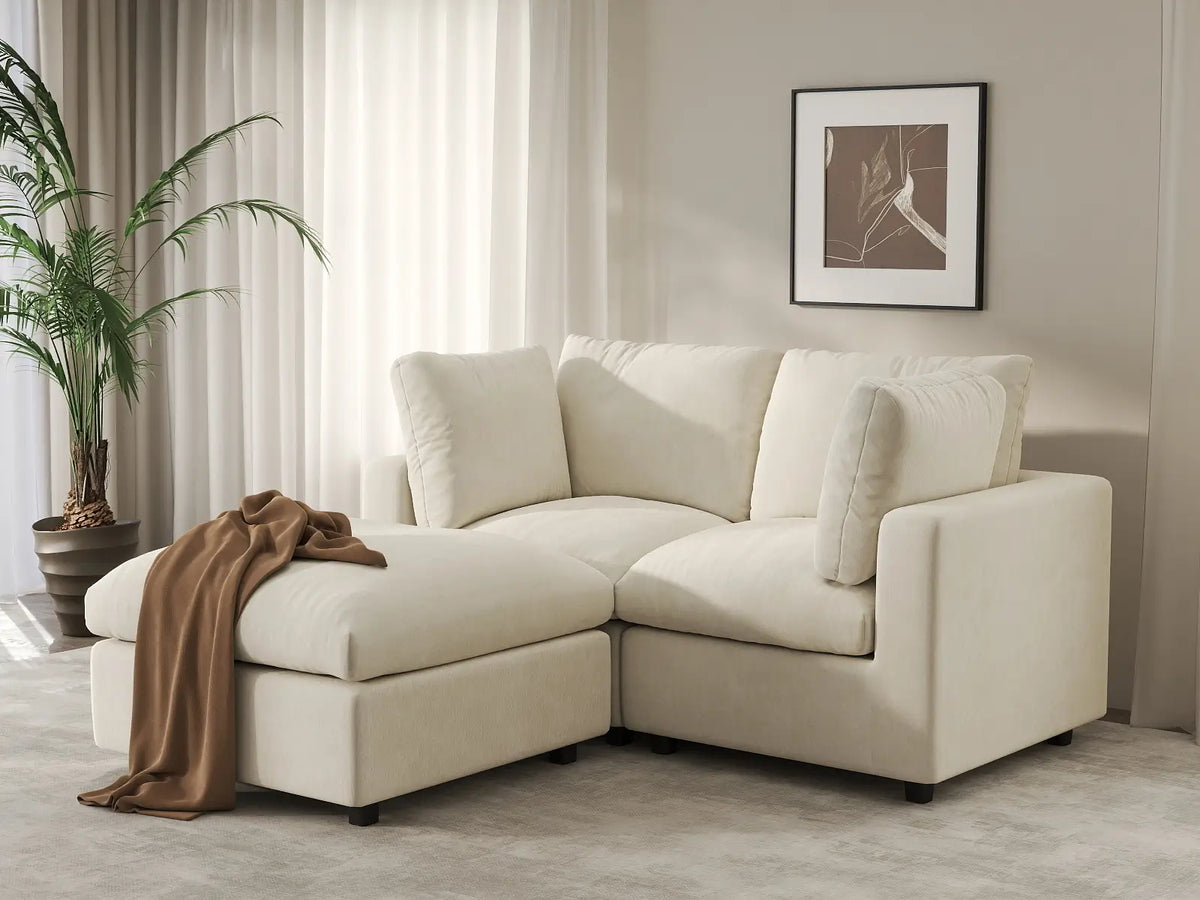 Deluxe Cloud 2-Seater Beige Small Space Chaise Sectional | 3-Piece (Includes 1 Ottoman), Linen-Blend Chenille Fabric, Easy To Clean — product view 5