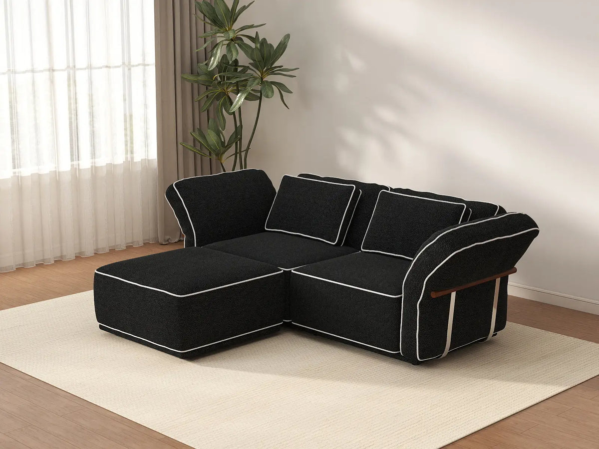 Deluxe Cloud 2-Seater Black Small Space Chaise Sectional | 3-Piece (Includes 1 Ottoman), Bouclé Sherpa-Like Fabric, Easy To Clean — product view 2