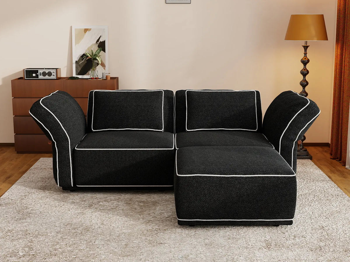 Deluxe Cloud 2-Seater Black Small Space Chaise Sectional | 3-Piece (Includes 1 Ottoman), Bouclé Sherpa-Like Fabric, Easy To Clean — product view 3