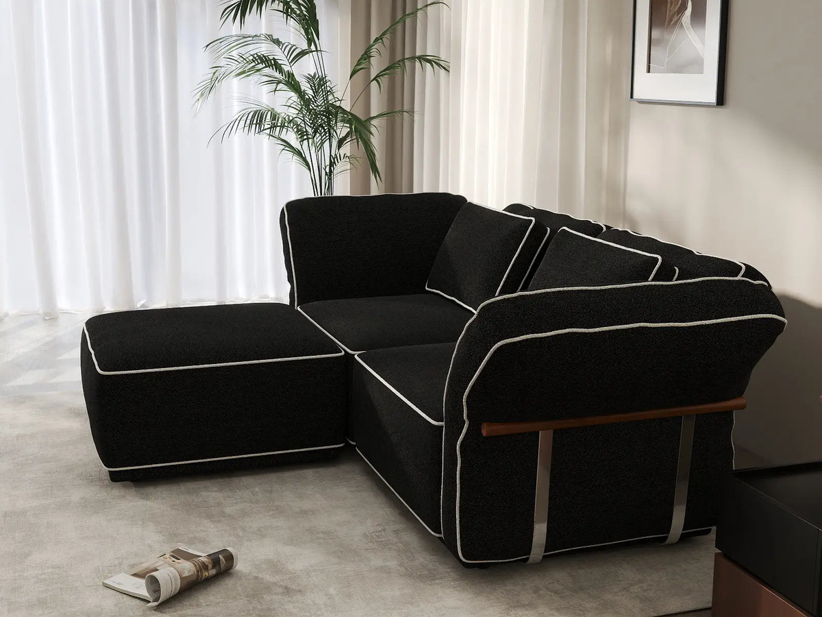 Deluxe Cloud 2-Seater Black Small Space Chaise Sectional | 3-Piece (Includes 1 Ottoman), Bouclé Sherpa-Like Fabric, Easy To Clean — product view 4