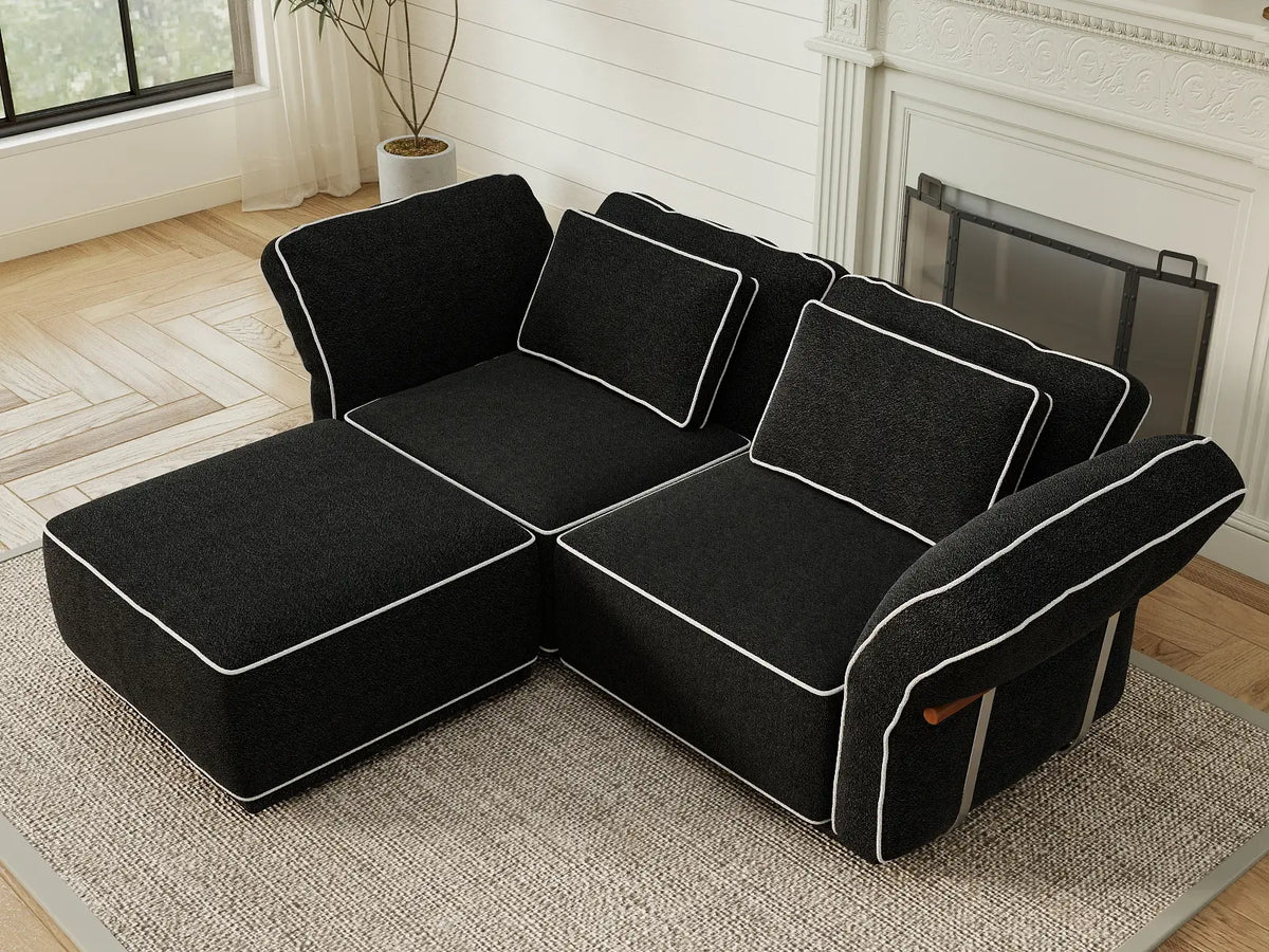 Deluxe Cloud 2-Seater Black Small Space Chaise Sectional | 3-Piece (Includes 1 Ottoman), Bouclé Sherpa-Like Fabric, Easy To Clean — product view 5