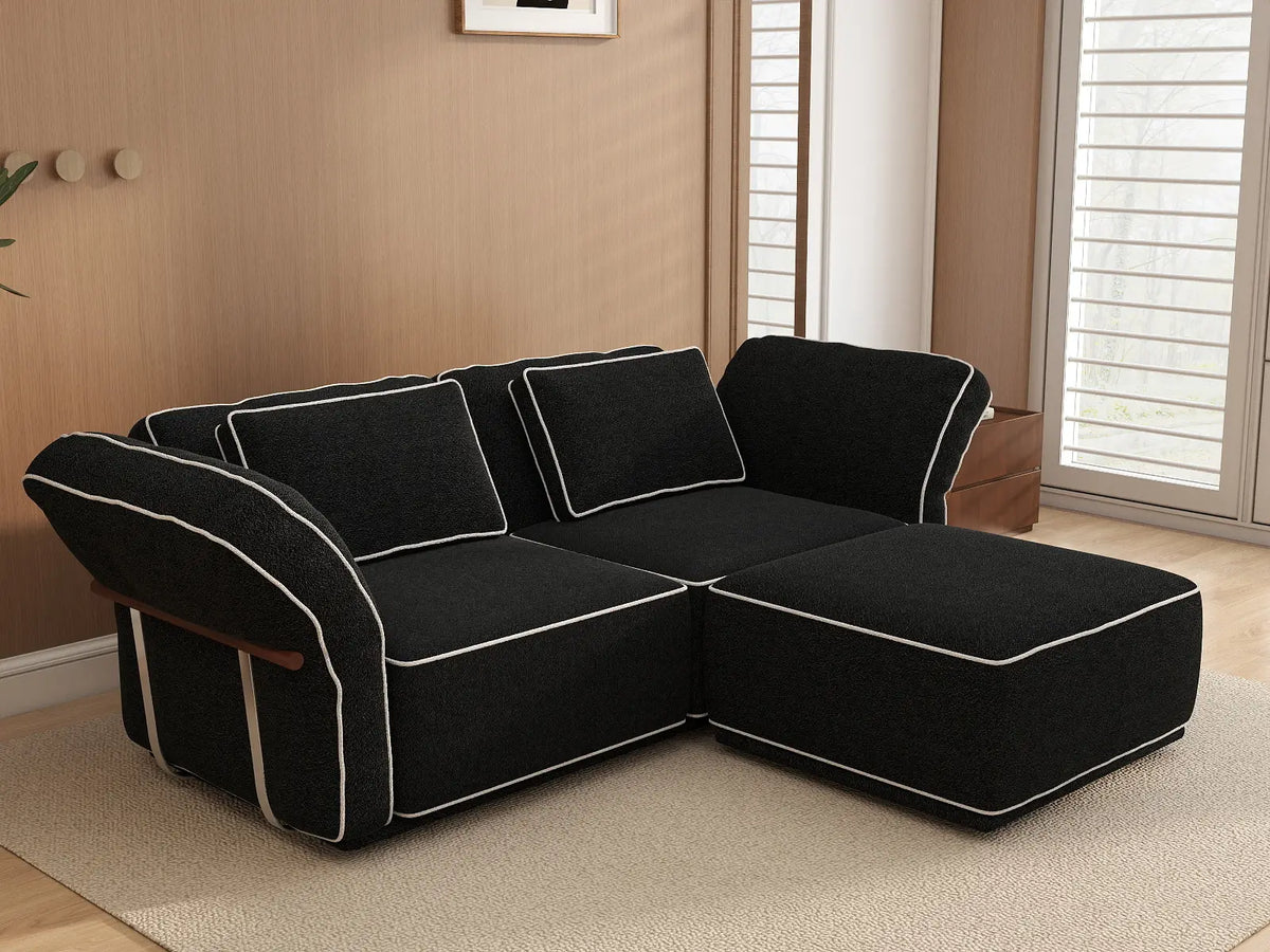 Deluxe Cloud 2-Seater Black Small Space Chaise Sectional | 3-Piece (Includes 1 Ottoman), Bouclé Sherpa-Like Fabric, Easy To Clean — product view 6