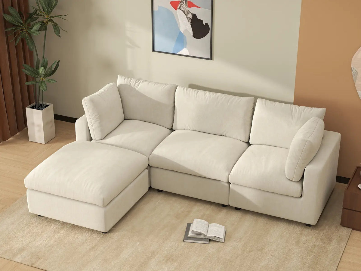 Deluxe Cloud 3-Seater Beige Large Space L-Shaped Sectional | 4-Piece (Includes 1 Ottoman), Linen-Blend Chenille Fabric, Easy To Clean — product view 6