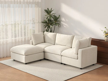 Deluxe Cloud 3-Seater Beige Large Space L-Shaped Sectional | 4-Piece (Includes 1 Ottoman), Linen-Blend Chenille Fabric, Easy To Clean