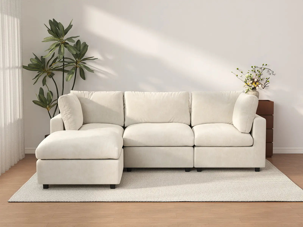 Deluxe Cloud 3-Seater Beige Large Space L-Shaped Sectional | 4-Piece (Includes 1 Ottoman), Linen-Blend Chenille Fabric, Easy To Clean — product view 1
