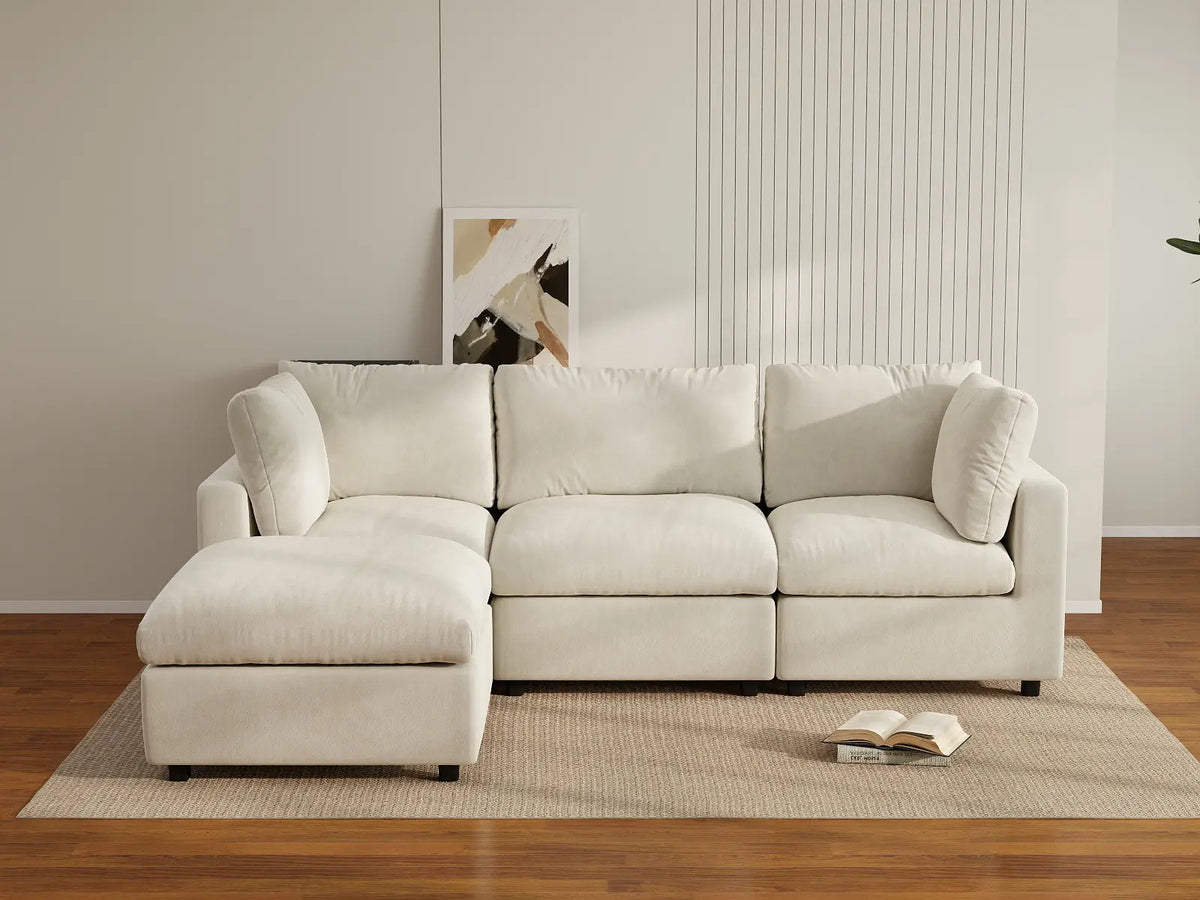 Deluxe Cloud 3-Seater Beige Large Space L-Shaped Sectional | 4-Piece (Includes 1 Ottoman), Linen-Blend Chenille Fabric, Easy To Clean — product view 3