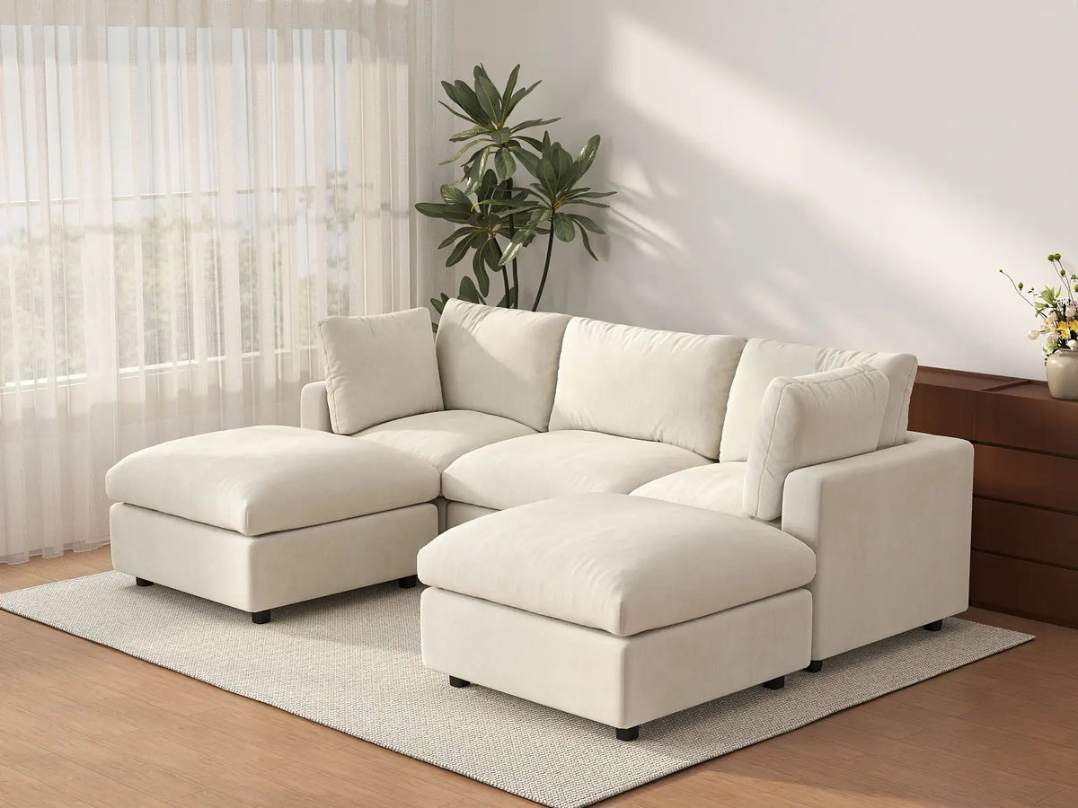 Deluxe Cloud 3-Seater Beige Large Space U-Shaped Sectional | 5-Piece (Includes 2 Ottomans), Linen-Blend Chenille Fabric, Easy To Clean — product view 2