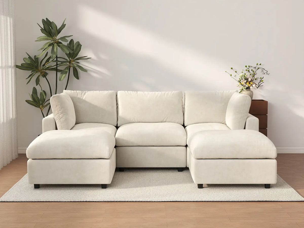Deluxe Cloud 3-Seater Beige Large Space U-Shaped Sectional | 5-Piece (Includes 2 Ottomans), Linen-Blend Chenille Fabric, Easy To Clean — product view 1