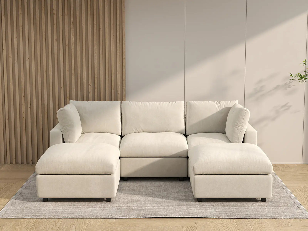 Deluxe Cloud 3-Seater Beige Large Space U-Shaped Sectional | 5-Piece (Includes 2 Ottomans), Linen-Blend Chenille Fabric, Easy To Clean — product view 3