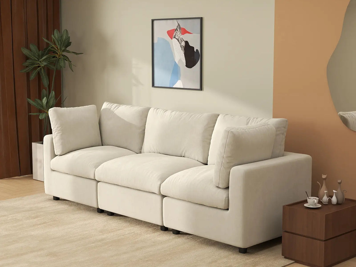Deluxe Cloud 3-Seater Beige Small Space Couch Sectional | 3-Piece, Linen-Blend Chenille Fabric, Easy To Clean — product view 5