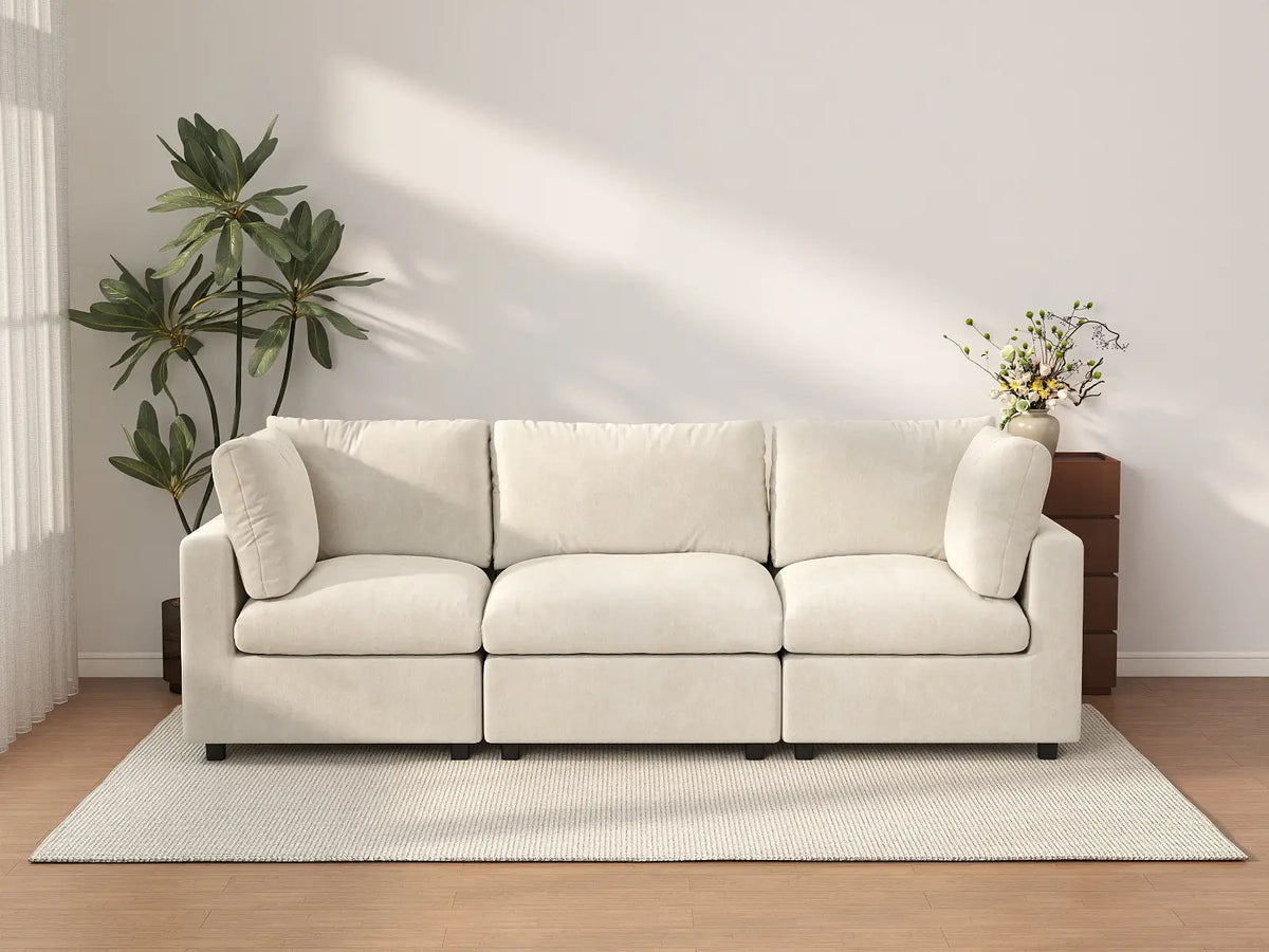 Deluxe Cloud 3-Seater Beige Small Space Couch Sectional | 3-Piece, Linen-Blend Chenille Fabric, Easy To Clean — product view 1