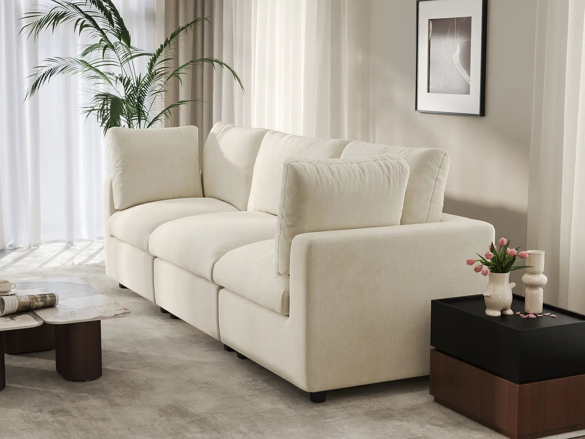 Deluxe Cloud 3-Seater Beige Small Space Couch Sectional | 3-Piece, Linen-Blend Chenille Fabric, Easy To Clean — product view 4