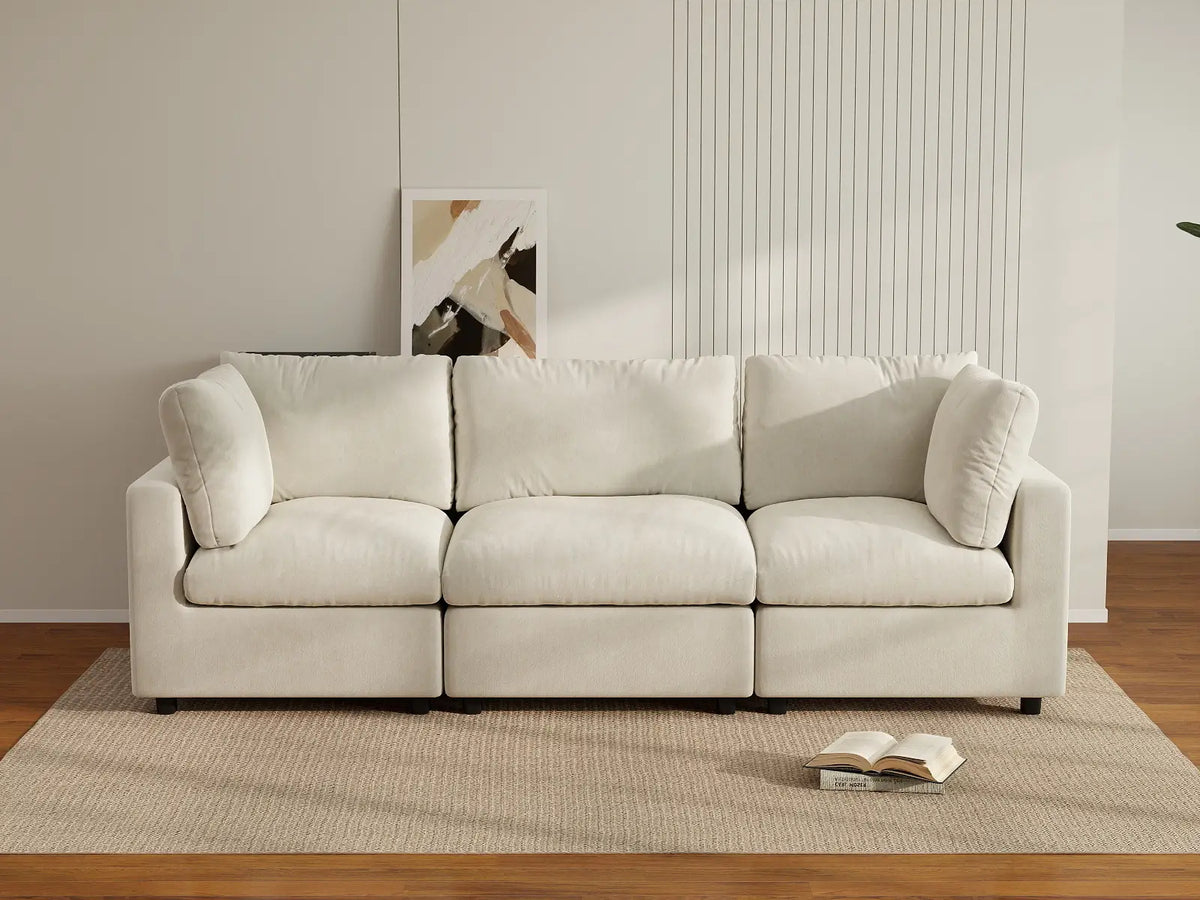 Deluxe Cloud 3-Seater Beige Small Space Couch Sectional | 3-Piece, Linen-Blend Chenille Fabric, Easy To Clean — product view 3