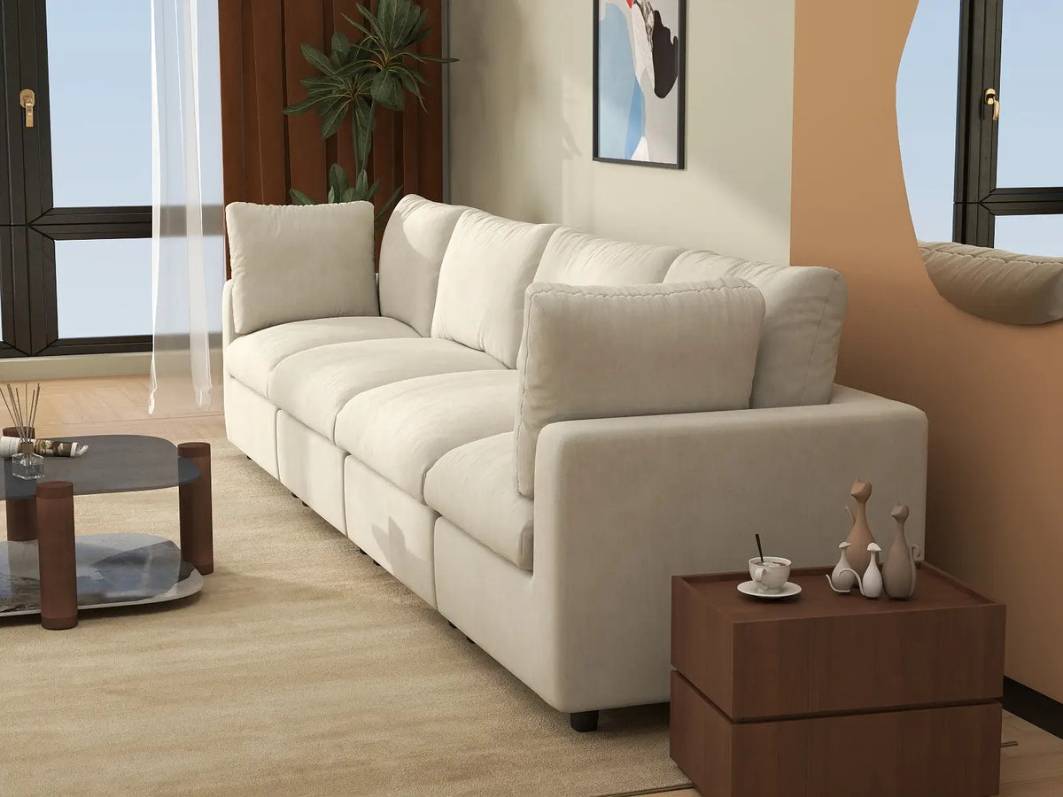 Deluxe Cloud 4-Seater Beige Large Space Couch Sectional | 4-Piece, Linen-Blend Chenille Fabric, Easy To Clean — product view 6