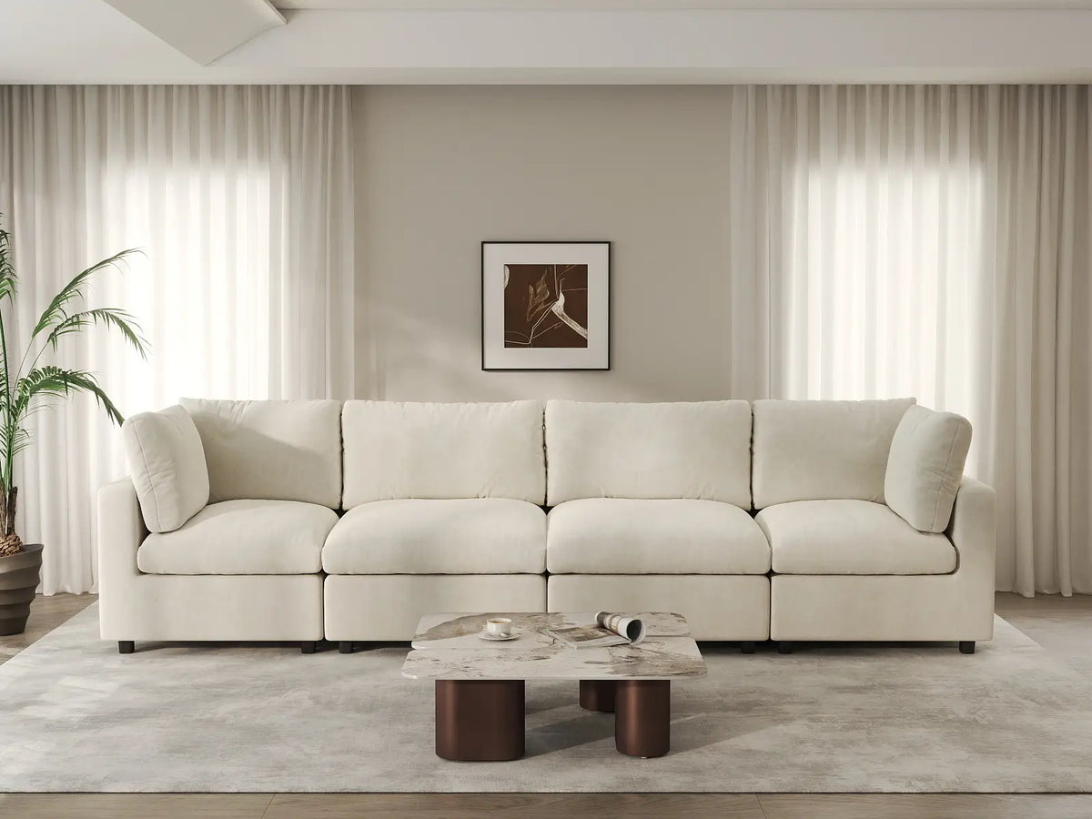 Deluxe Cloud 4-Seater Beige Large Space Couch Sectional | 4-Piece, Linen-Blend Chenille Fabric, Easy To Clean — product view 4