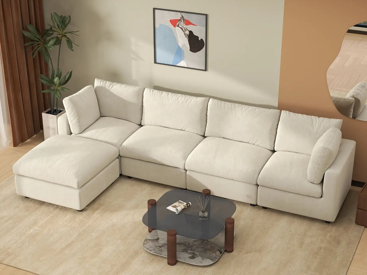 Deluxe Cloud 4-Seater Beige Large Space L-Shaped Sectional | 5-Piece (Includes 1 Ottoman), Linen-Blend Chenille Fabric, Easy To Clean — product view 6