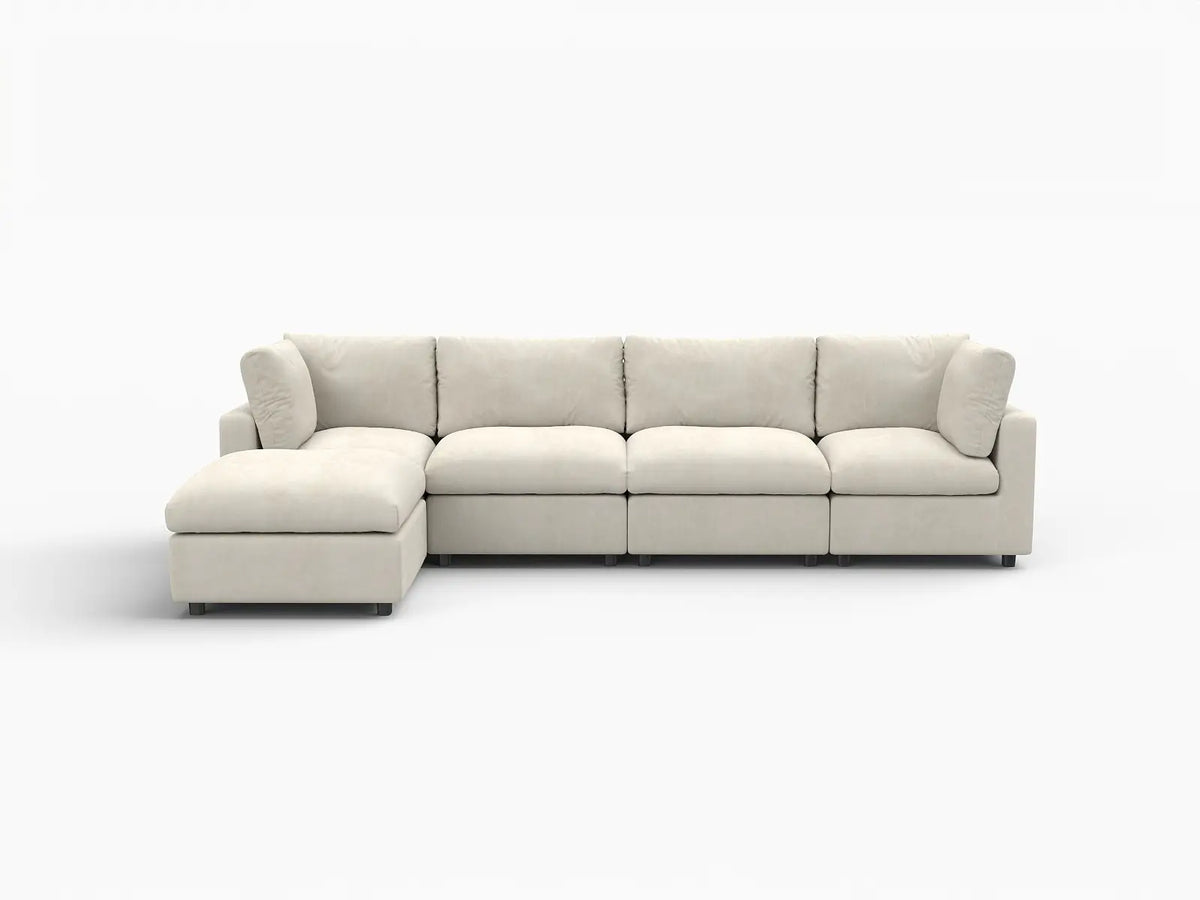 Deluxe Cloud 4-Seater Beige Large Space L-Shaped Sectional | 5-Piece (Includes 1 Ottoman), Linen-Blend Chenille Fabric, Easy To Clean — product view 7