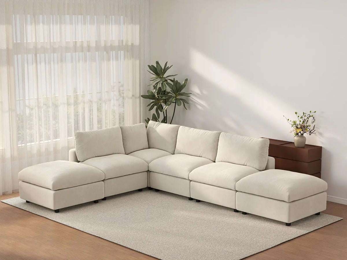 Deluxe Cloud 4-Seater Beige Large Space L-Shaped Sectional | 6-Piece (Includes 2 Ottomans), Linen-Blend Chenille Fabric, Easy To Clean — product view 2