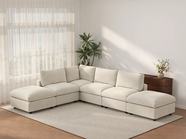 Deluxe Cloud 4-Seater Beige Large Space L-Shaped Sectional | 6-Piece (Includes 2 Ottomans), Linen-Blend Chenille Fabric, Easy To Clean