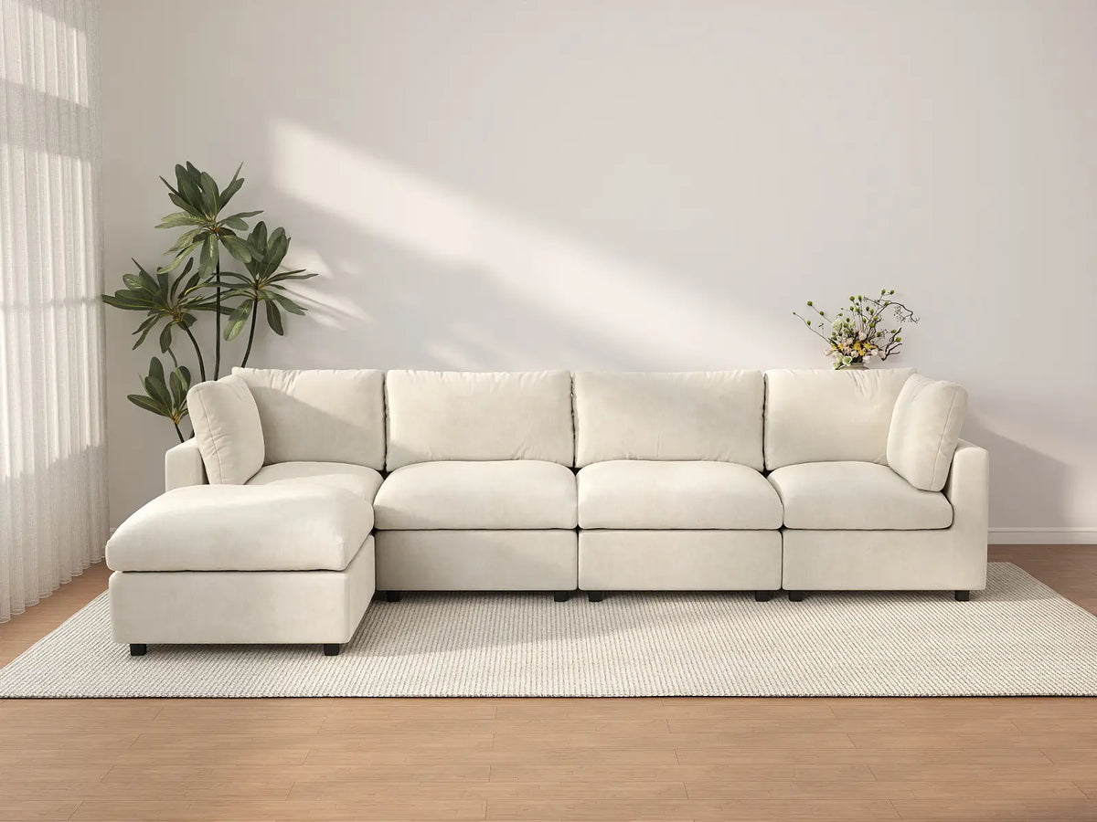 Deluxe Cloud 4-Seater Beige Large Space L-Shaped Sectional | 5-Piece (Includes 1 Ottoman), Linen-Blend Chenille Fabric, Easy To Clean — product view 1