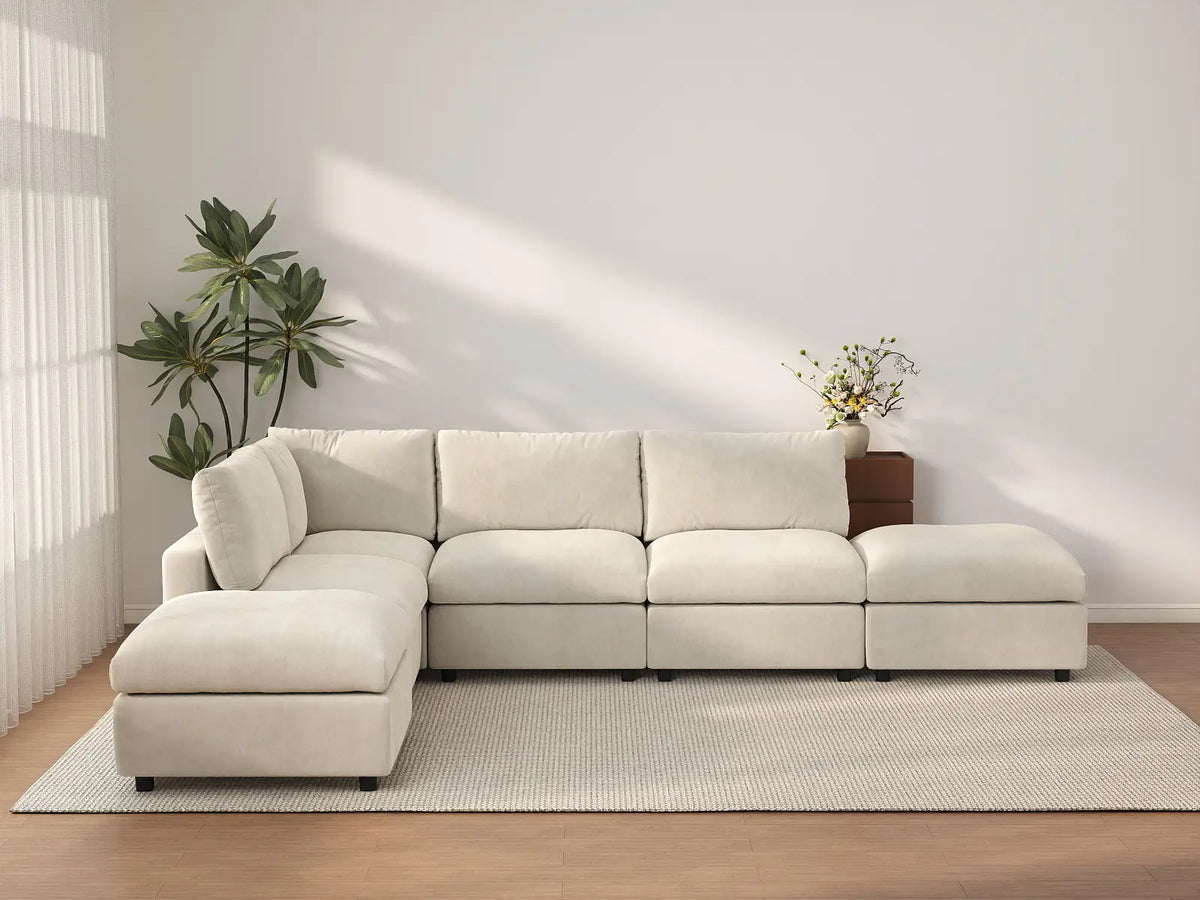 Deluxe Cloud 4-Seater Beige Large Space L-Shaped Sectional | 6-Piece (Includes 2 Ottomans), Linen-Blend Chenille Fabric, Easy To Clean — product view 1