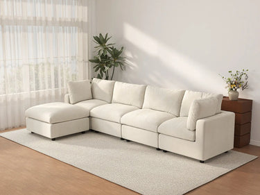 Deluxe Cloud 4-Seater Beige Large Space L-Shaped Sectional | 5-Piece (Includes 1 Ottoman), Linen-Blend Chenille Fabric, Easy To Clean