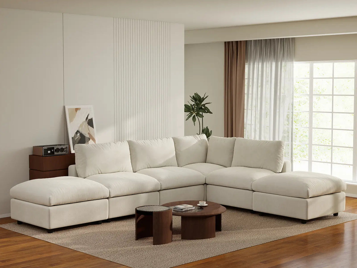 Deluxe Cloud 4-Seater Beige Large Space L-Shaped Sectional | 6-Piece (Includes 2 Ottomans), Linen-Blend Chenille Fabric, Easy To Clean — product view 4