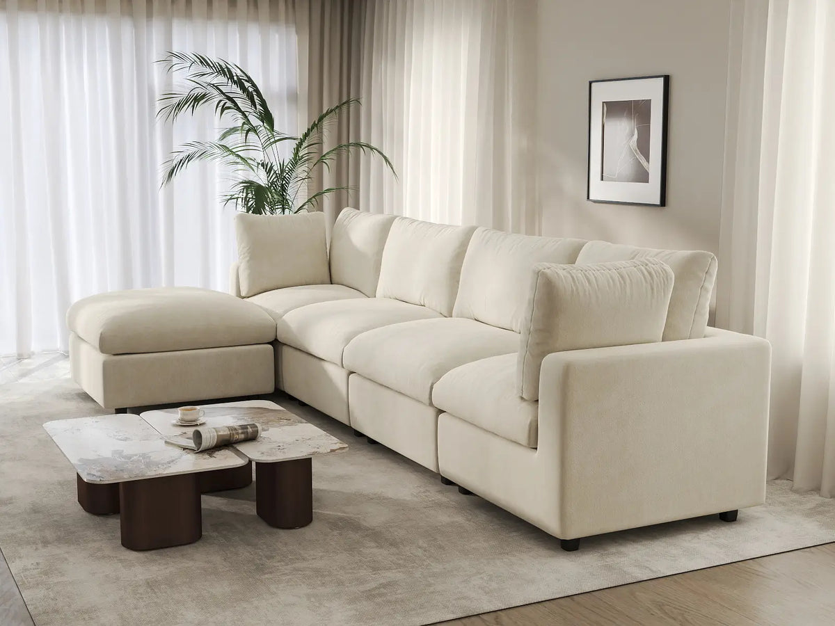 Deluxe Cloud 4-Seater Beige Large Space L-Shaped Sectional | 5-Piece (Includes 1 Ottoman), Linen-Blend Chenille Fabric, Easy To Clean — product view 4