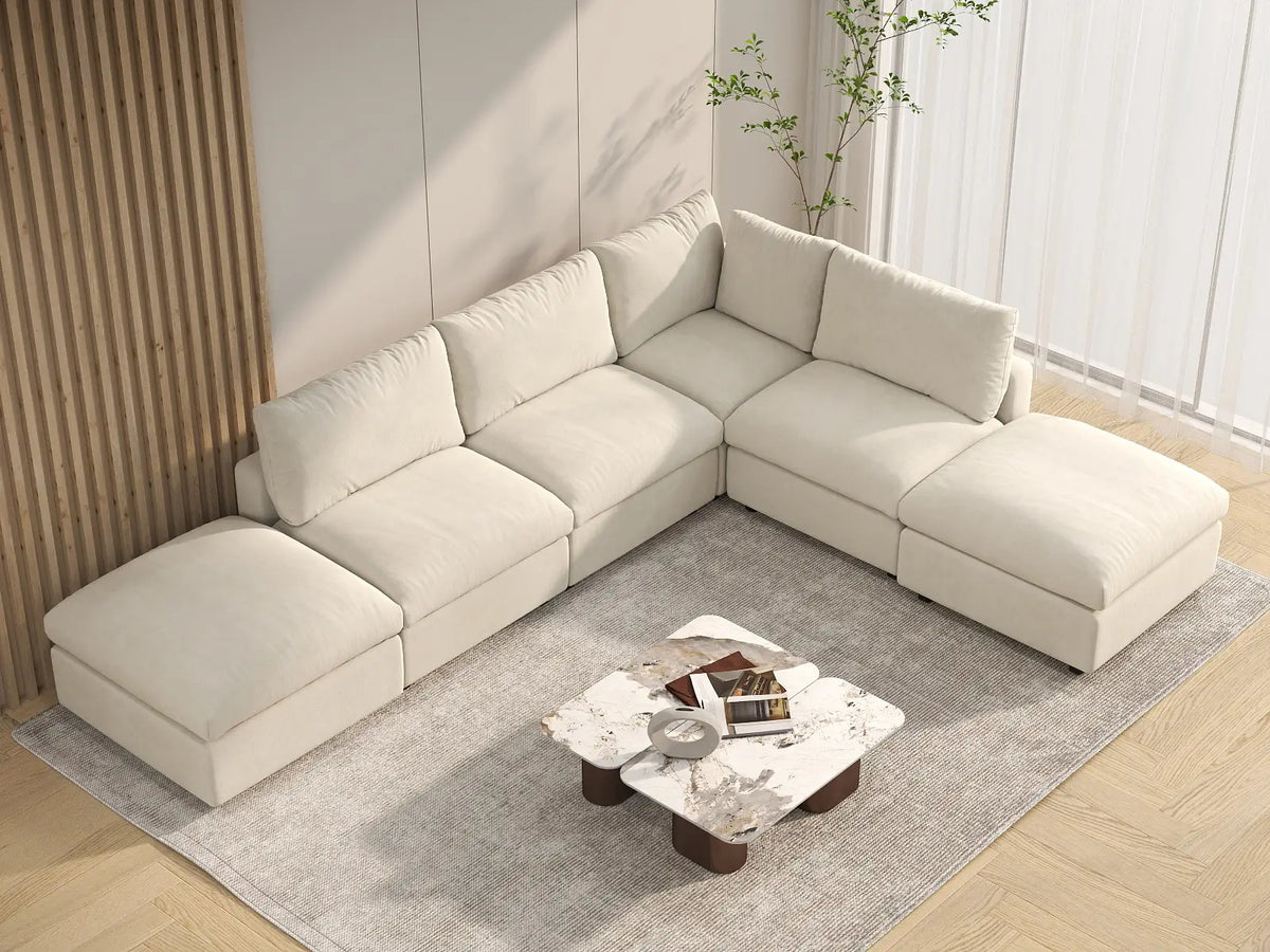 Deluxe Cloud 4-Seater Beige Large Space L-Shaped Sectional | 6-Piece (Includes 2 Ottomans), Linen-Blend Chenille Fabric, Easy To Clean — product view 3