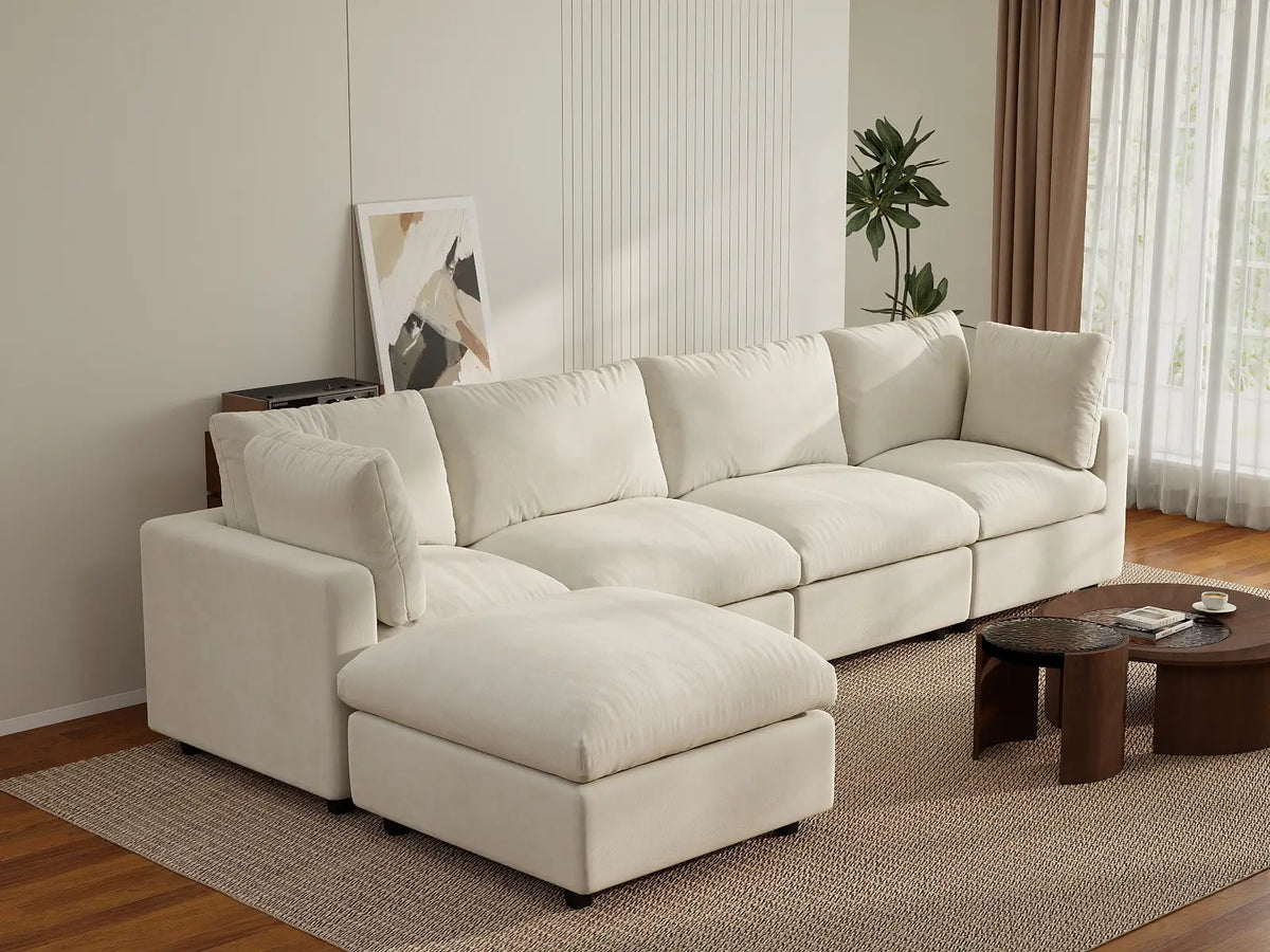 Deluxe Cloud 4-Seater Beige Large Space L-Shaped Sectional | 5-Piece (Includes 1 Ottoman), Linen-Blend Chenille Fabric, Easy To Clean — product view 3