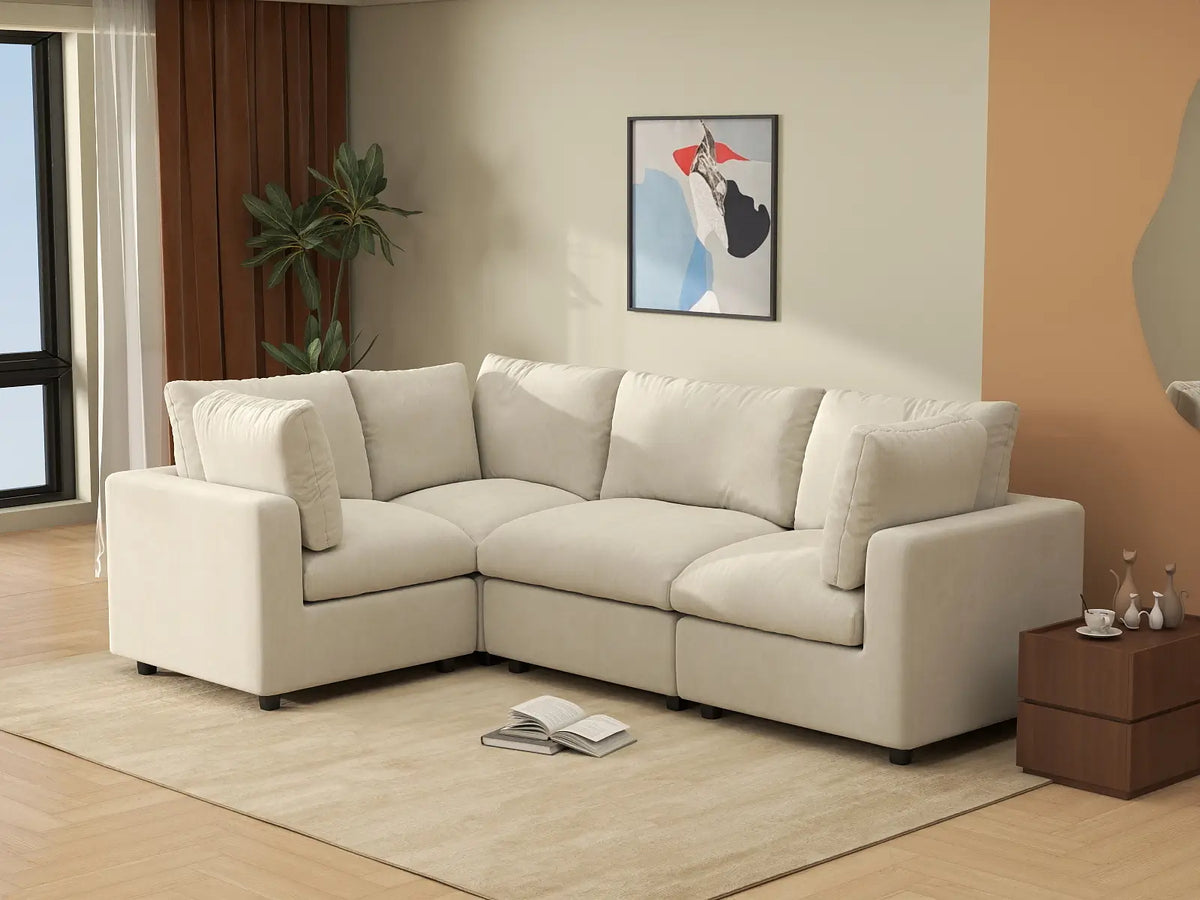 Deluxe Cloud 4-Seater Beige Large Space L-Shaped Sectional | 4-Piece, Linen-Blend Chenille Fabric, Easy To Clean — product view 4