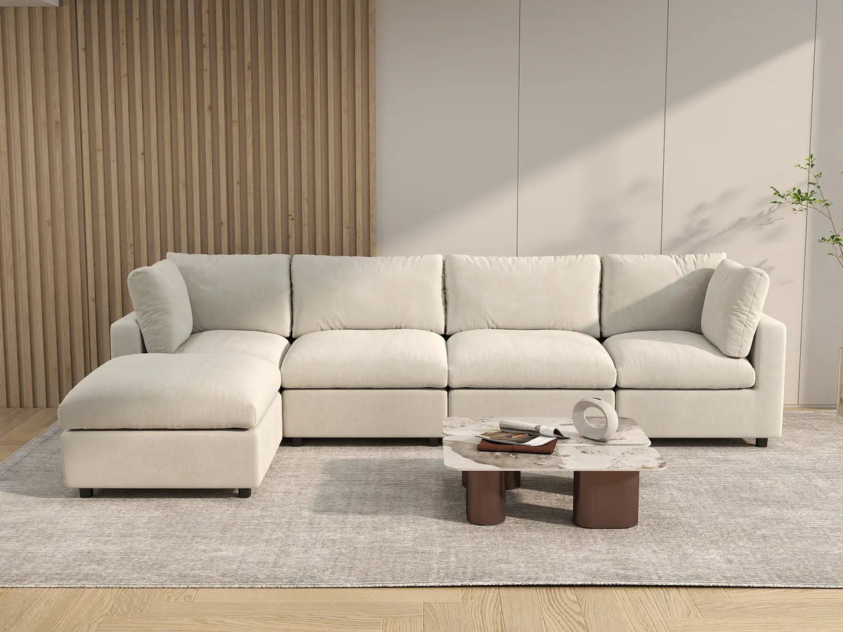 Deluxe Cloud 4-Seater Beige Large Space L-Shaped Sectional | 5-Piece (Includes 1 Ottoman), Linen-Blend Chenille Fabric, Easy To Clean — product view 5