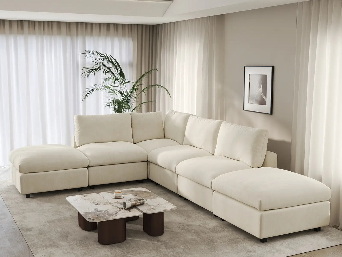 Deluxe Cloud 4-Seater Beige Large Space L-Shaped Sectional | 6-Piece (Includes 2 Ottomans), Linen-Blend Chenille Fabric, Easy To Clean — product view 5