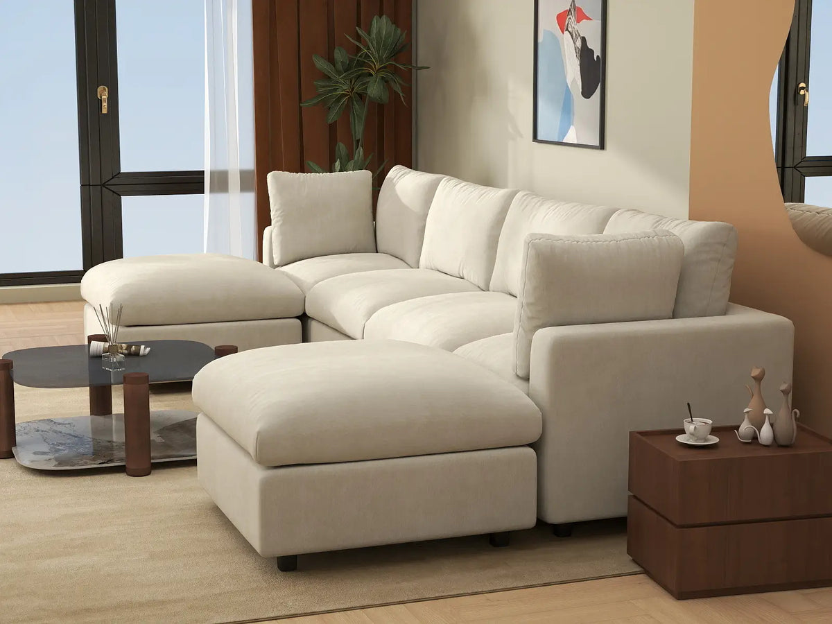 Deluxe Cloud 4-Seater Beige Large Space U-Shaped Sectional | 6-Piece (Includes 2 Ottomans), Linen-Blend Chenille Fabric, Easy To Clean — product view 6
