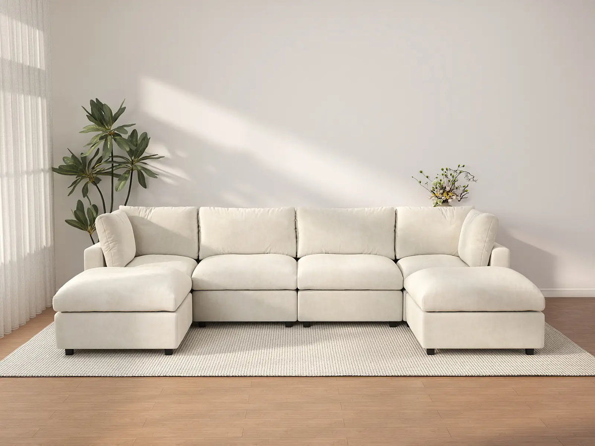 Deluxe Cloud 4-Seater Beige Large Space U-Shaped Sectional | 6-Piece (Includes 2 Ottomans), Linen-Blend Chenille Fabric, Easy To Clean — product view 1