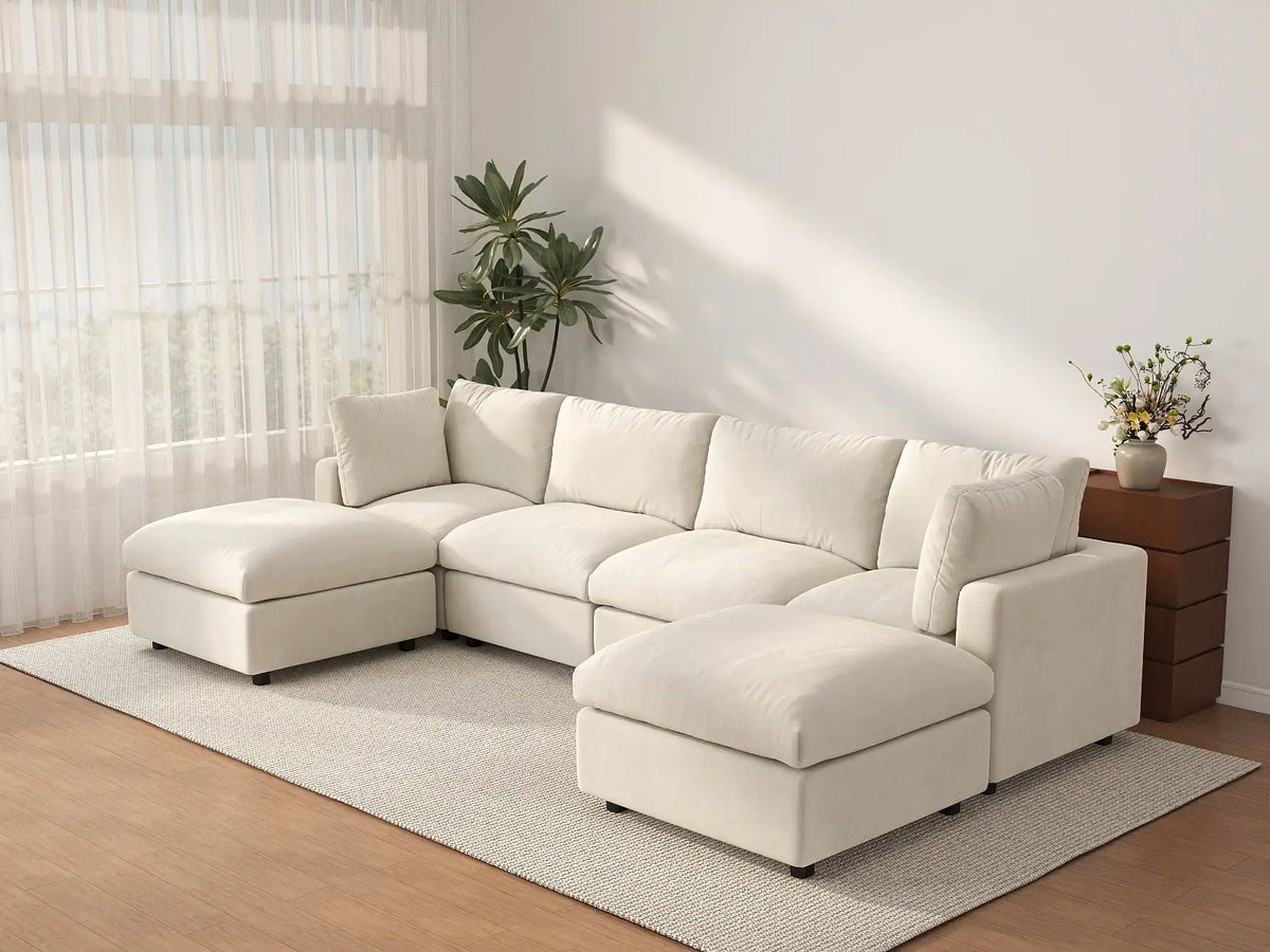 Deluxe Cloud 4-Seater Beige Large Space U-Shaped Sectional | 6-Piece (Includes 2 Ottomans), Linen-Blend Chenille Fabric, Easy To Clean — product view 2