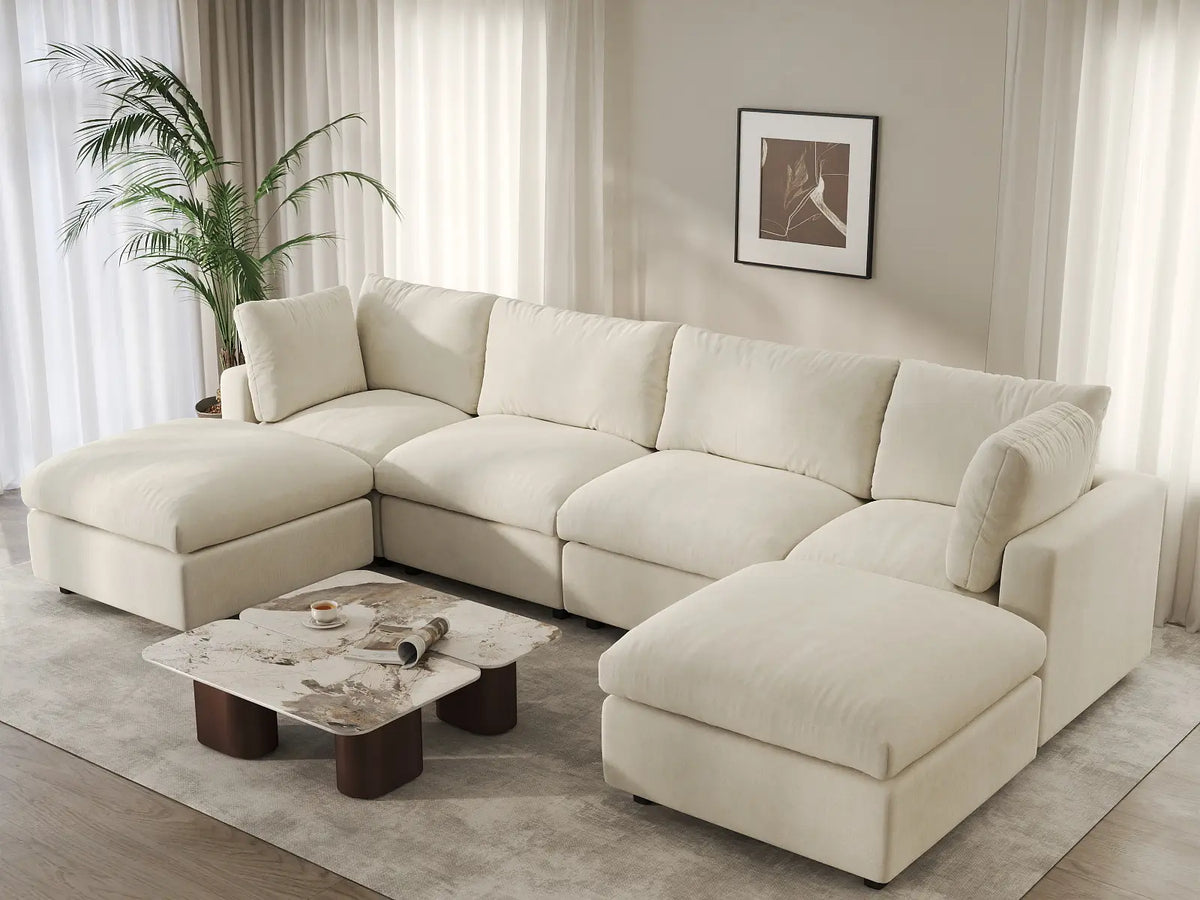 Deluxe Cloud 4-Seater Beige Large Space U-Shaped Sectional | 6-Piece (Includes 2 Ottomans), Linen-Blend Chenille Fabric, Easy To Clean — product view 4
