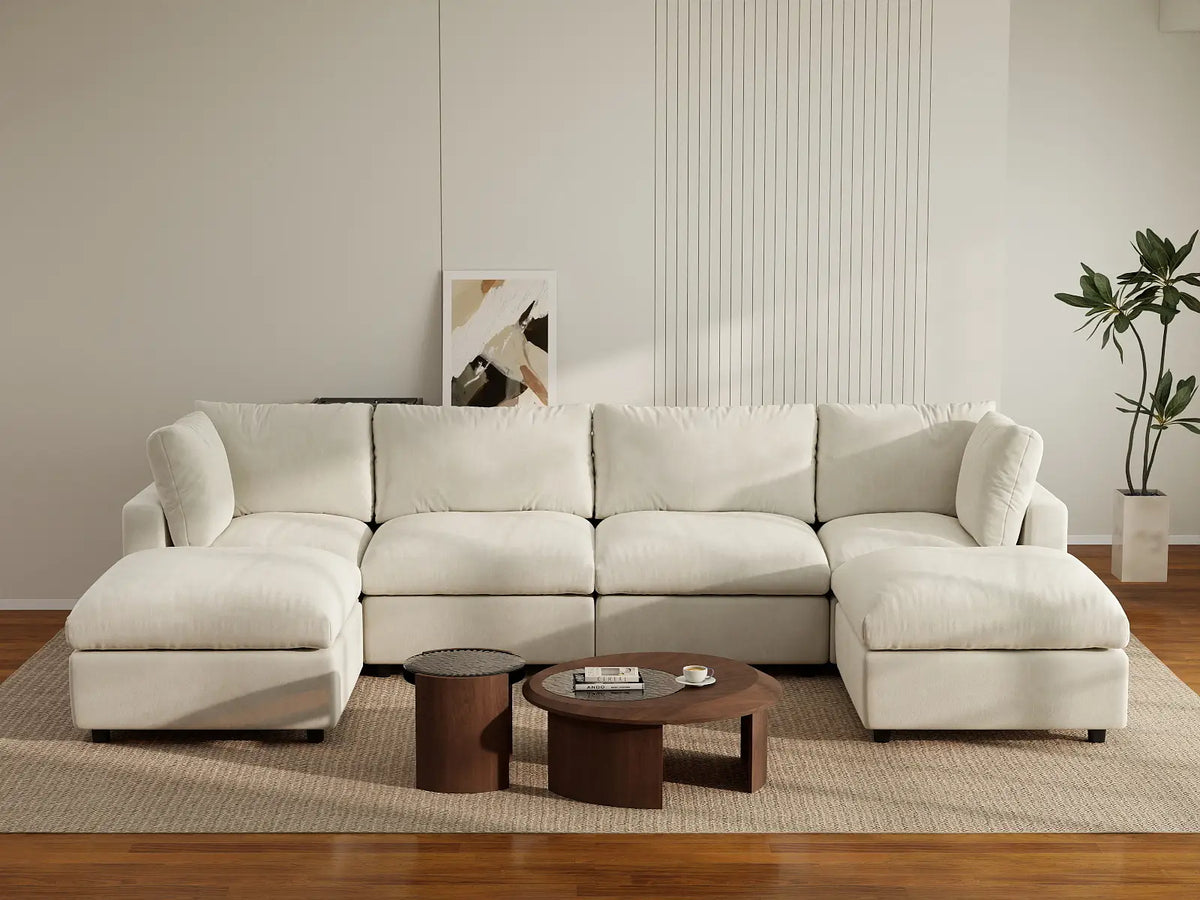 Deluxe Cloud 4-Seater Beige Large Space U-Shaped Sectional | 6-Piece (Includes 2 Ottomans), Linen-Blend Chenille Fabric, Easy To Clean — product view 3