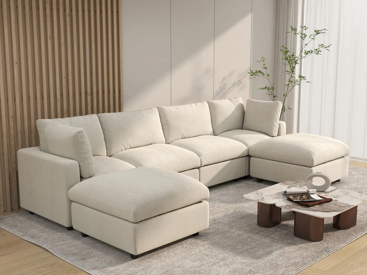 Deluxe Cloud 4-Seater Beige Large Space U-Shaped Sectional | 6-Piece (Includes 2 Ottomans), Linen-Blend Chenille Fabric, Easy To Clean — product view 5