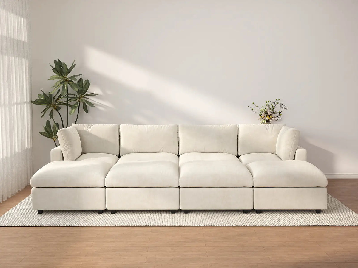 Deluxe Cloud 4-Seater Beige Open Space Pit Sectional | 8-Piece (Includes 4 Ottomans), Linen-Blend Chenille Fabric, Easy To Clean — product view 1