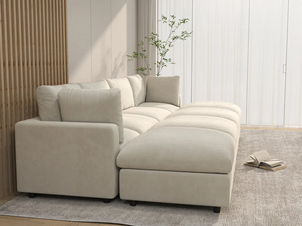 Deluxe Cloud 4-Seater Beige Open Space Pit Sectional | 8-Piece (Includes 4 Ottomans), Linen-Blend Chenille Fabric, Easy To Clean — product view 4