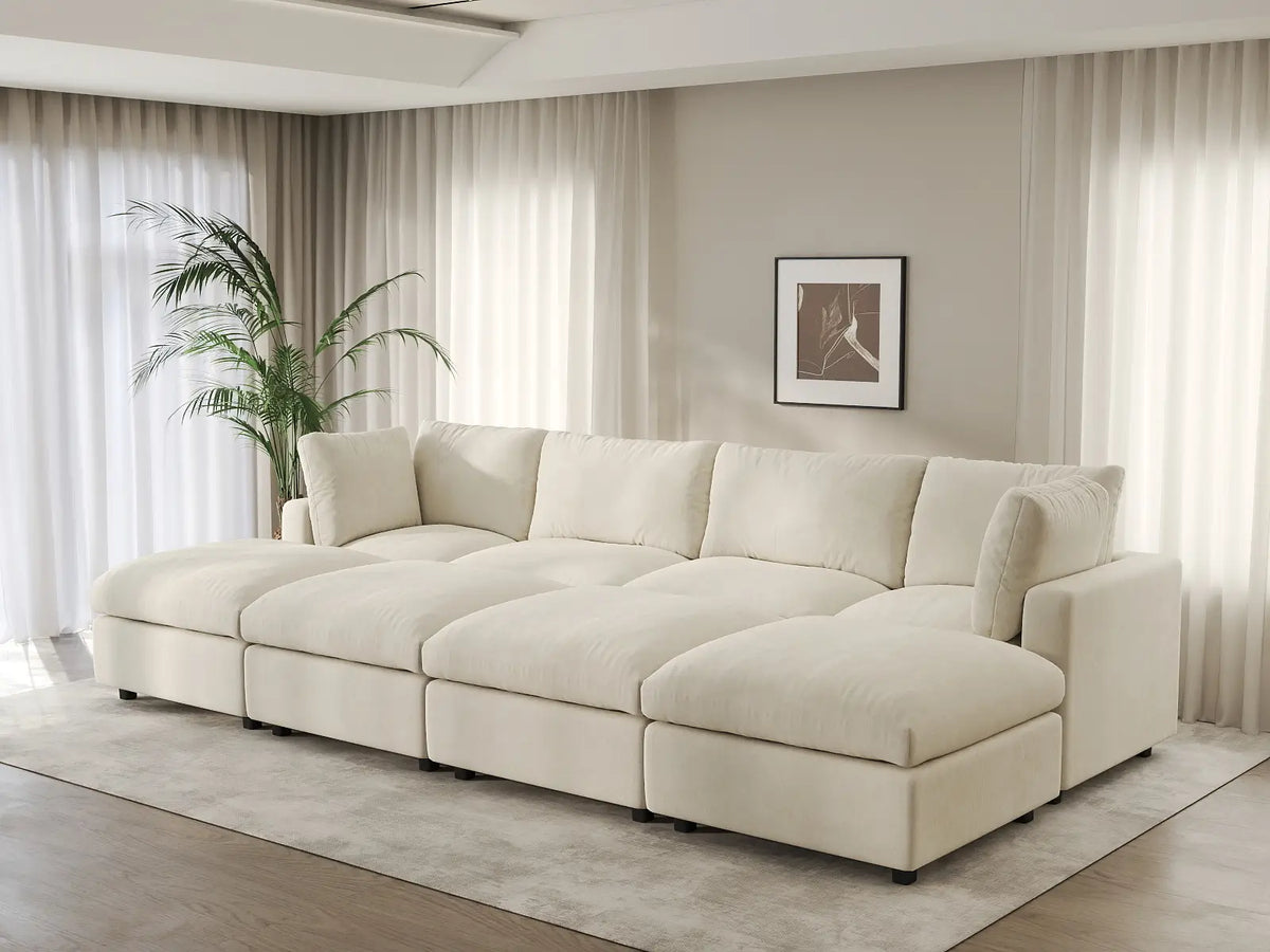 Deluxe Cloud 4-Seater Beige Open Space Pit Sectional | 8-Piece (Includes 4 Ottomans), Linen-Blend Chenille Fabric, Easy To Clean — product view 5