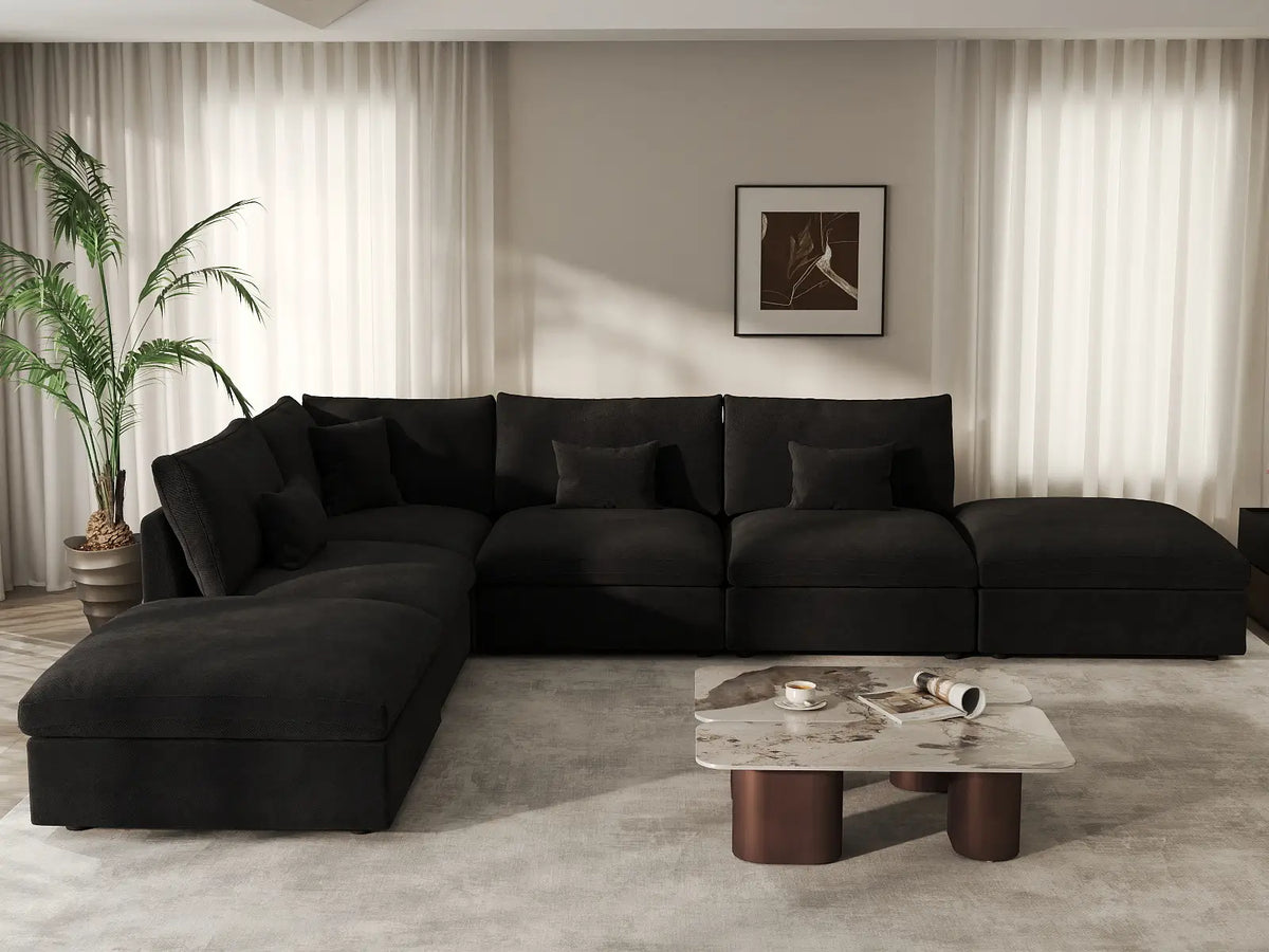 Deluxe Slope Cloud Sectional Sofa Covers | Black Chenille and Linen Sofa Cover for 4-Seater with 2-Ottomans — product view 3