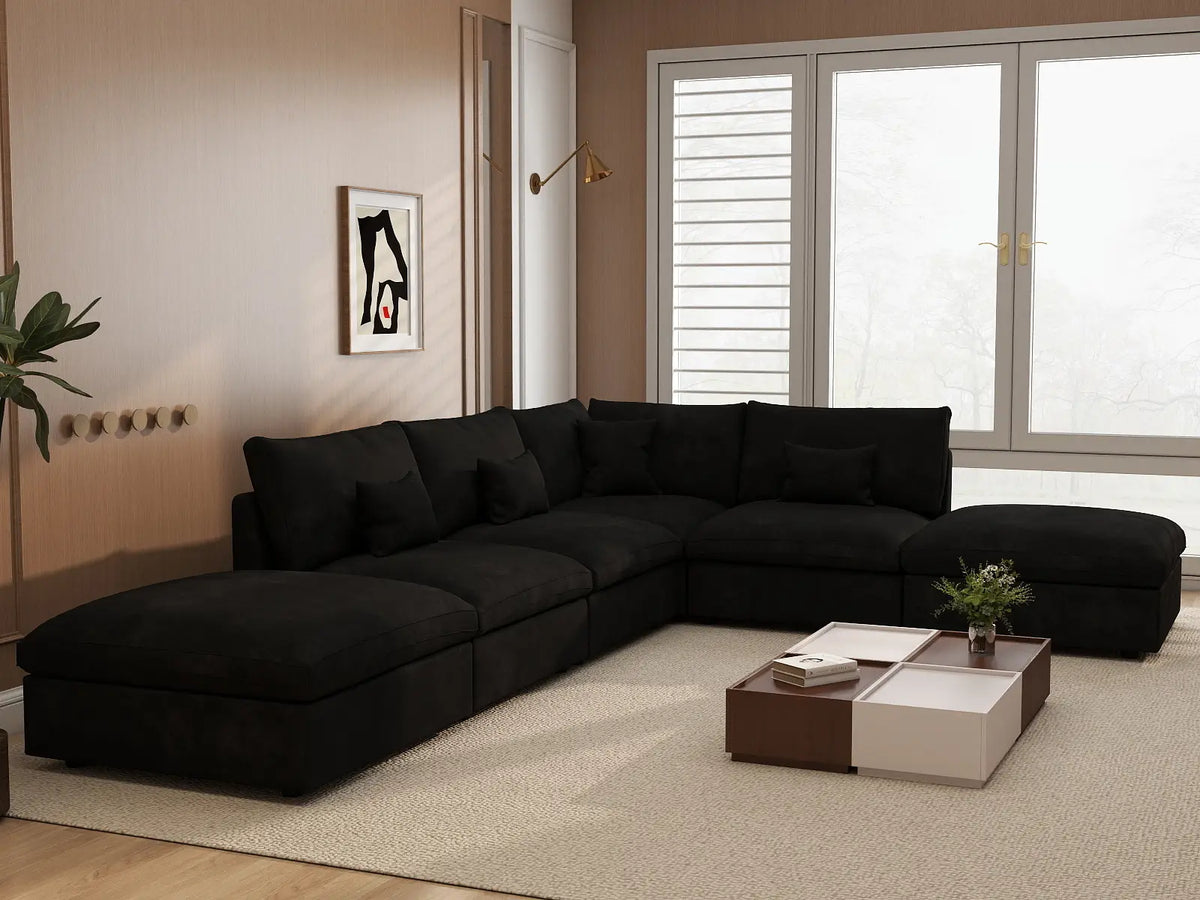 Deluxe Slope Cloud Sectional Sofa Covers | Black Chenille and Linen Sofa Cover for 4-Seater with 2-Ottomans — product view 4